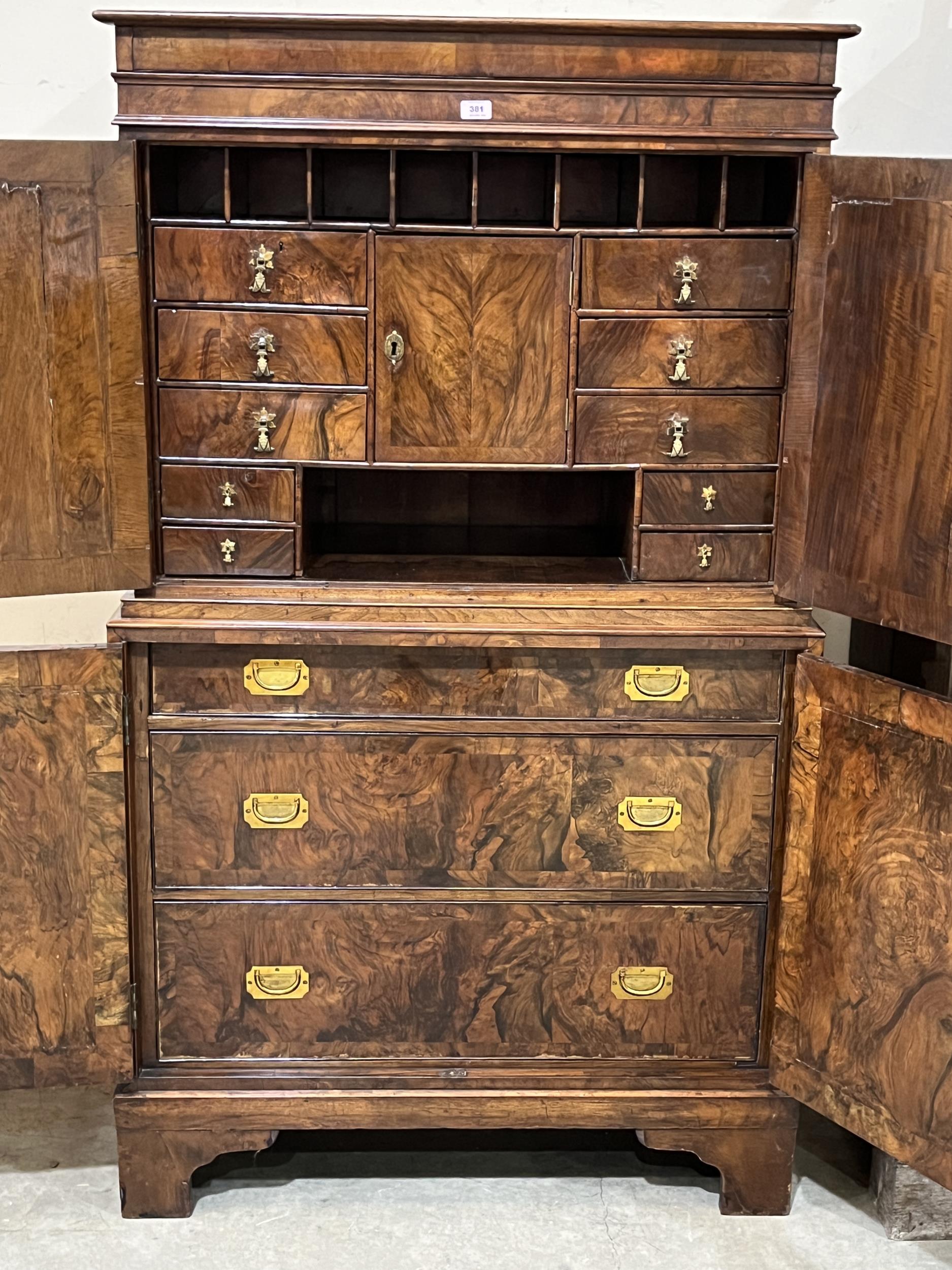 A George I and later walnut cabinet in two parts, the upper fitted with pigeonholes, eight - Image 2 of 2