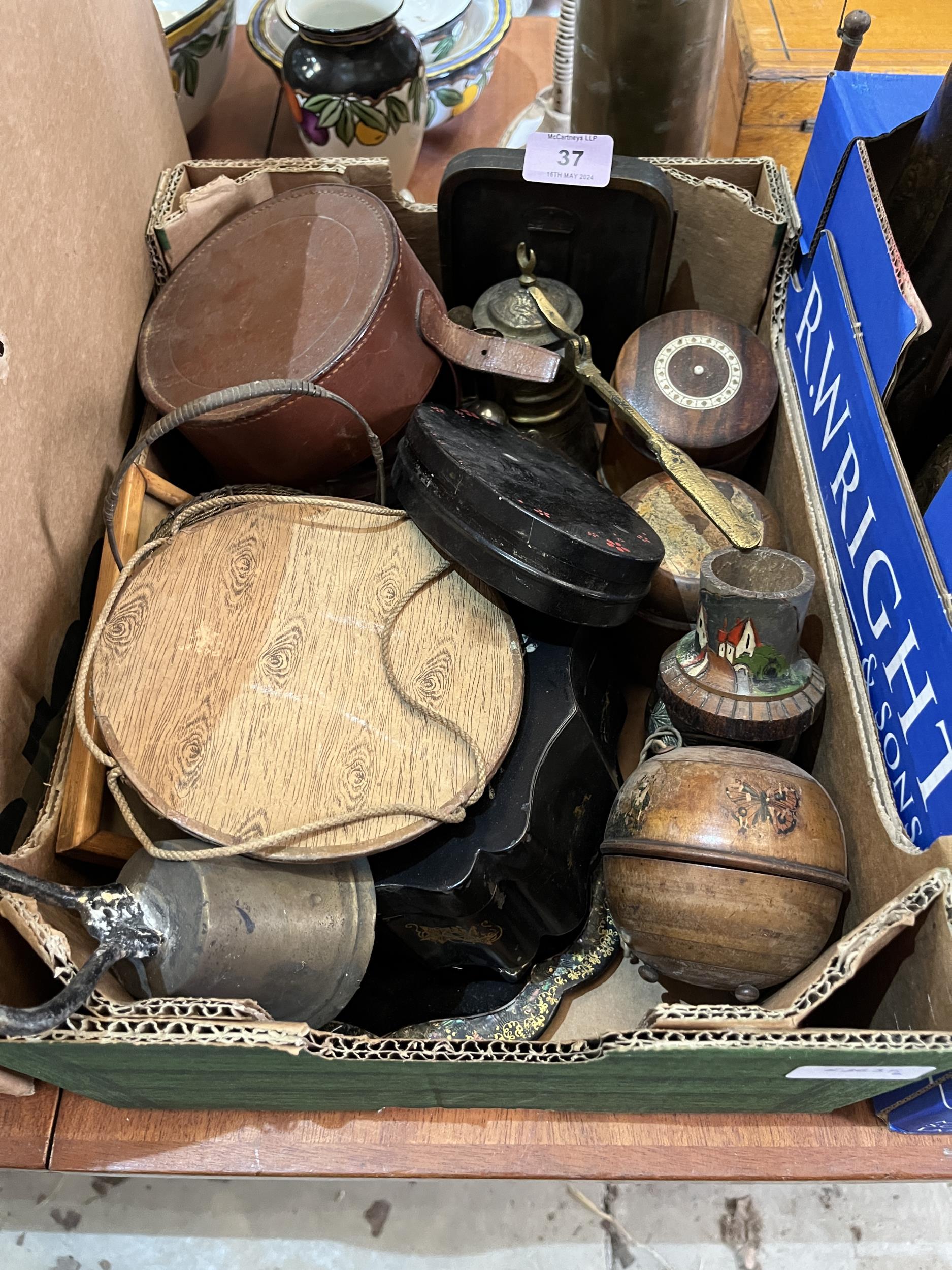 Two boxes of metalware and sundries.