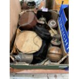 Two boxes of metalware and sundries.