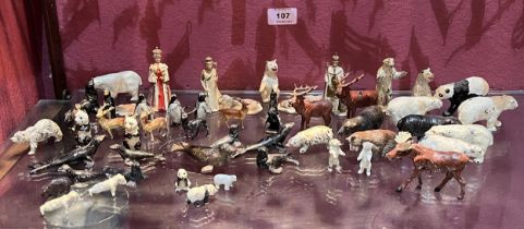 A collection of cold painted metal toy animals etc.