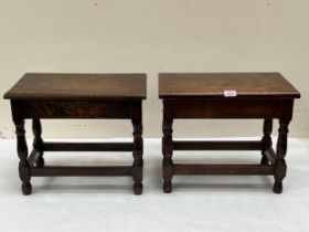 Two oak stools. 18" wide.