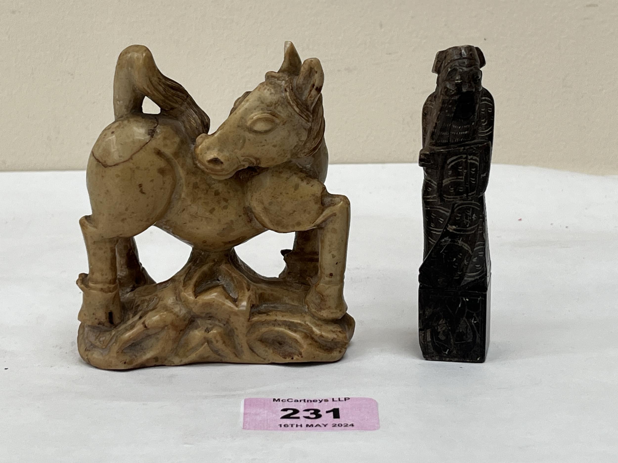 Two Chinese soapstone carvings. The horse 3¾" high.