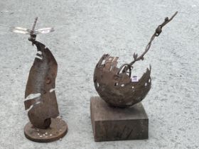 Two iron garden sculptures. Both 22" high.