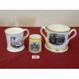 A 19th Century loving cup and two mugs, all transfer printed with views of Malvern or Shropshire.