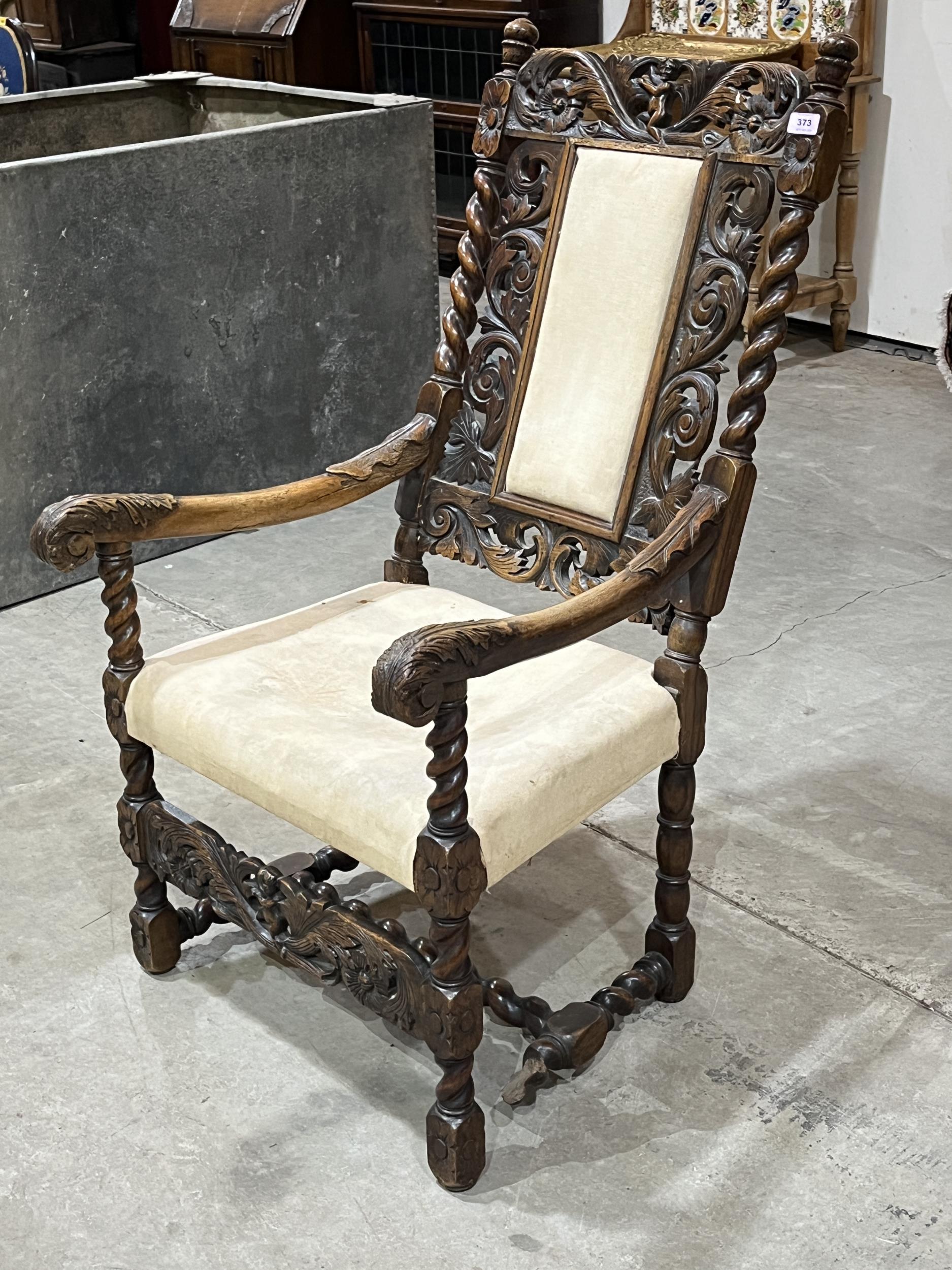 A 17th Century Flemish carved walnut armchair with barleytwist column uprights and stretchers. - Image 2 of 2