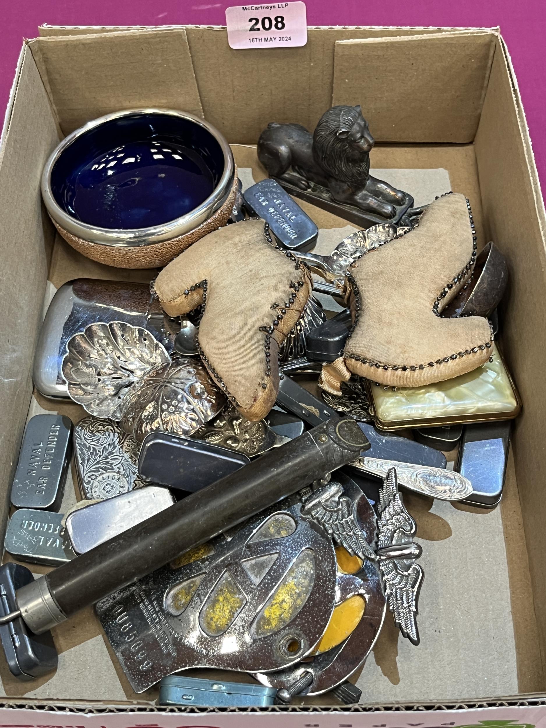 A box of sundries to include a Royal Doulton stoneware bowl with silver rim.