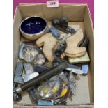 A box of sundries to include a Royal Doulton stoneware bowl with silver rim.