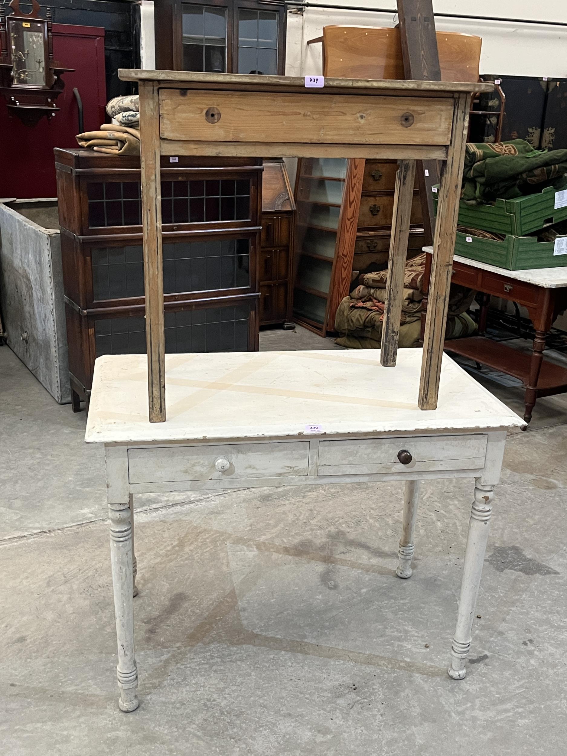 A Victorian painted pine side table, 40" wide and a smaller pine table.