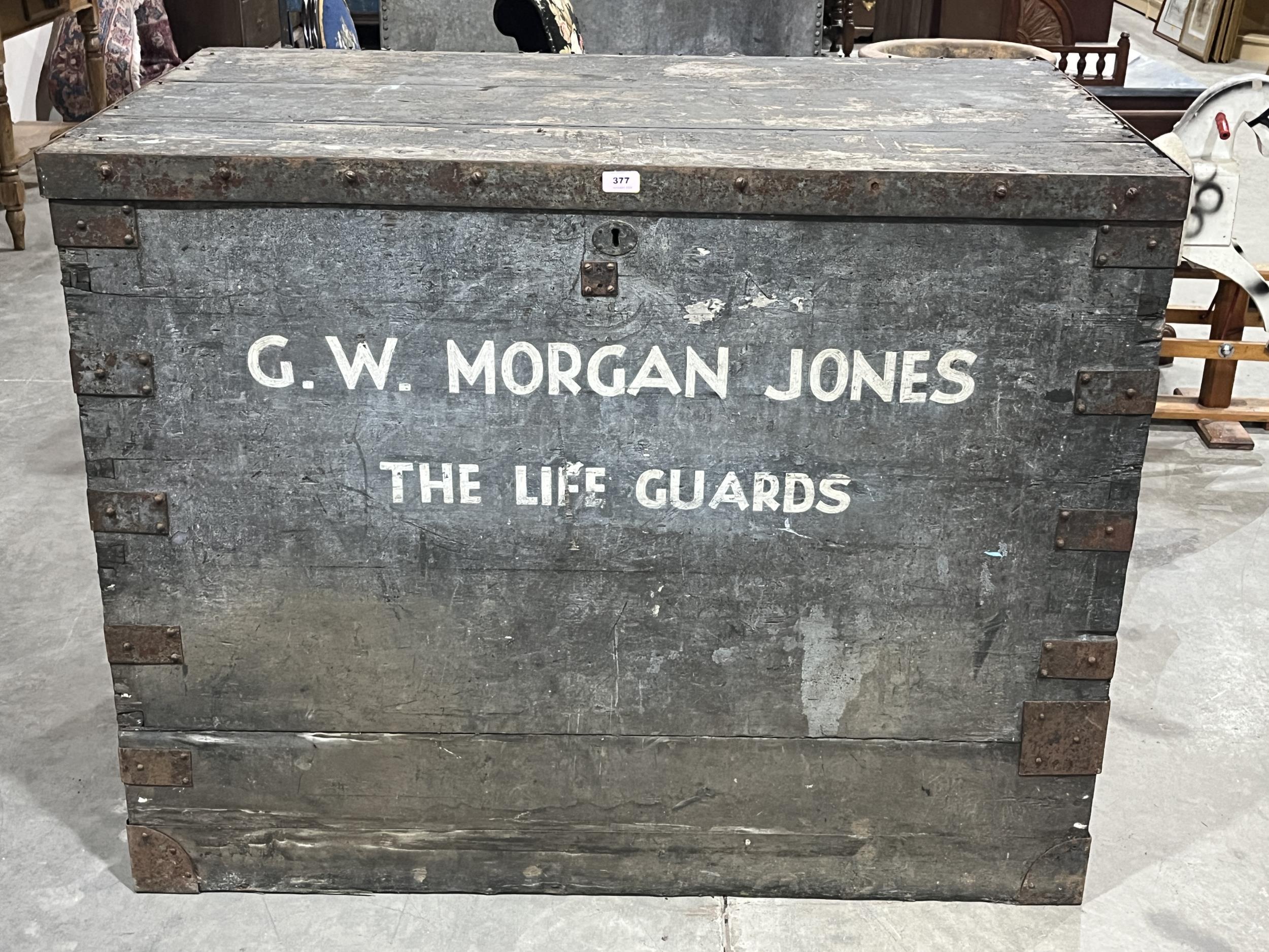 An iron bound chest, marked G.W. Morgan Jones, The Life Guards. 48"w x 38"h.