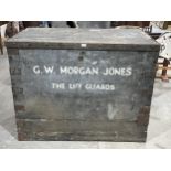 An iron bound chest, marked G.W. Morgan Jones, The Life Guards. 48"w x 38"h.