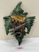 A majolica bird's nest, serpent and fern wall pocket. Probably Palissy c.1890. 8" high. Repair to