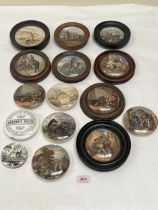 A collection of 19th Century Staffordshire pot lids to include eight framed examples.