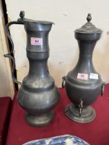 A 19th Century pewter flagon, 17" high, and a pewter samovar (AF).