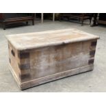 A 19th Century decorated pine chest with iron angles. 33" wide. Lid hinge AF.