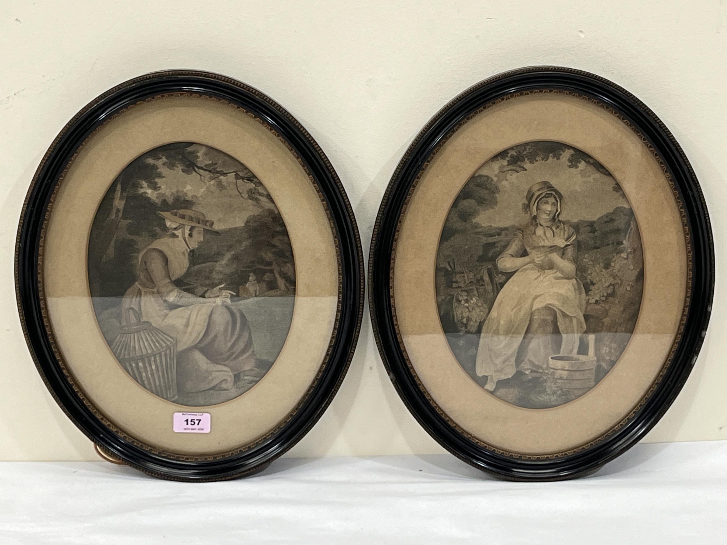 A pair of 19th Century prints in oval Hogarth frames. 17" x 14" overall.