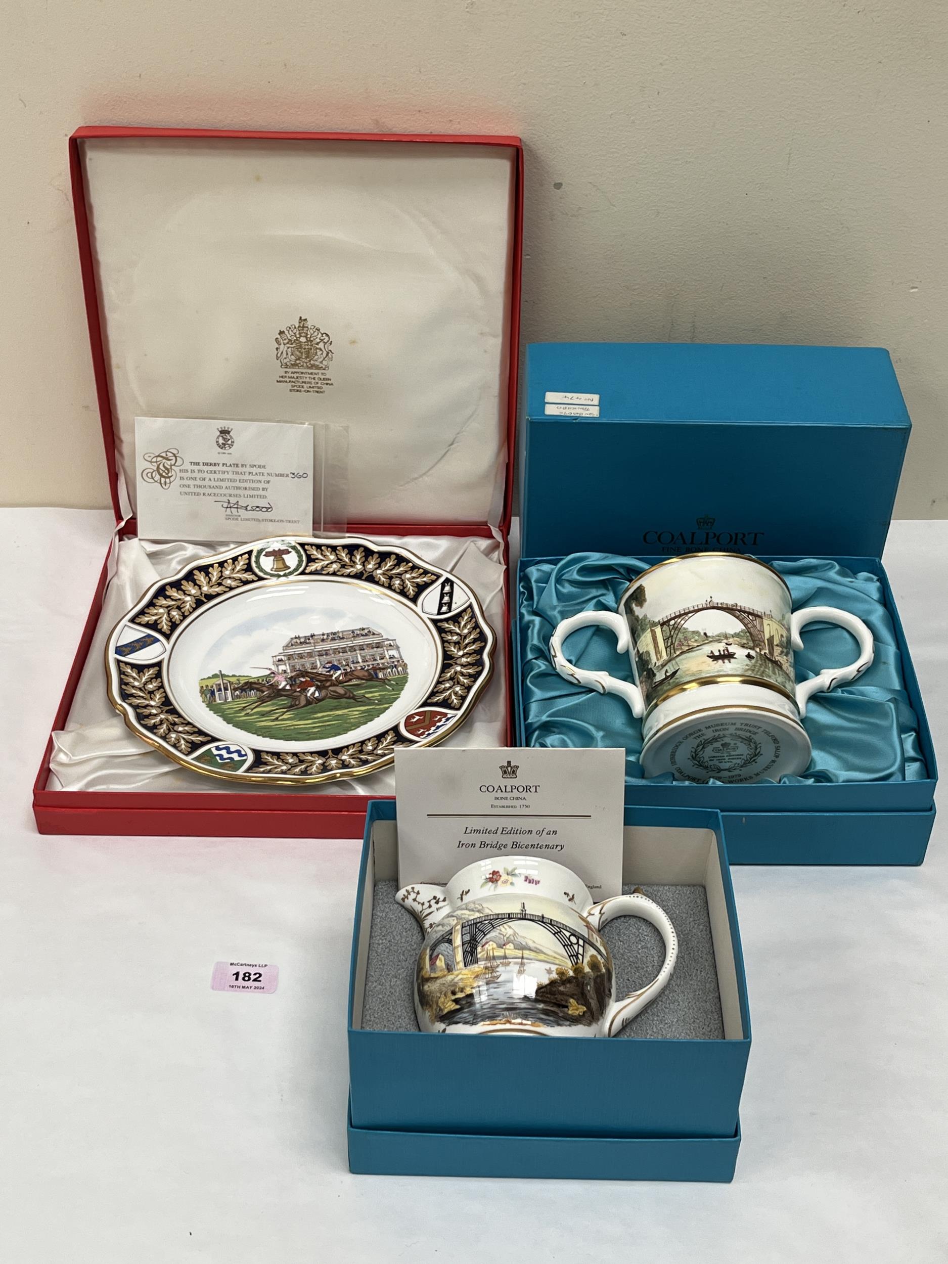 A Coalport jug and loving cup to commemorate the Iron Bridge bicentenary, both boxed, together