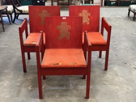 A set of three Prince of Wales Investiture chairs. Designed by Lord Snowdon in 1969, the backs