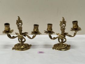 A pair of 19th Century French revived rococo bronze ormolu two light candelabra. 8" high.