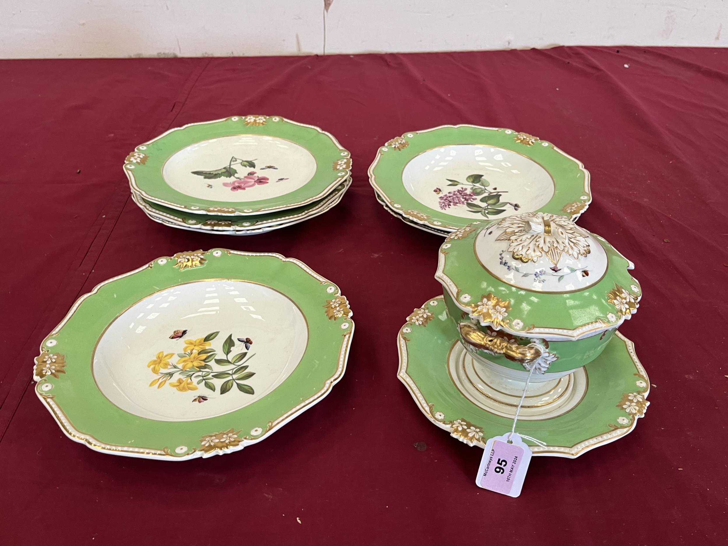 A Bloor Derby part dessert service of eight pieces finely painted with botanicals. The plates 10"