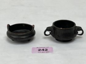 Two small Chinese bronze censers, one with elephant handles. 2" diam.