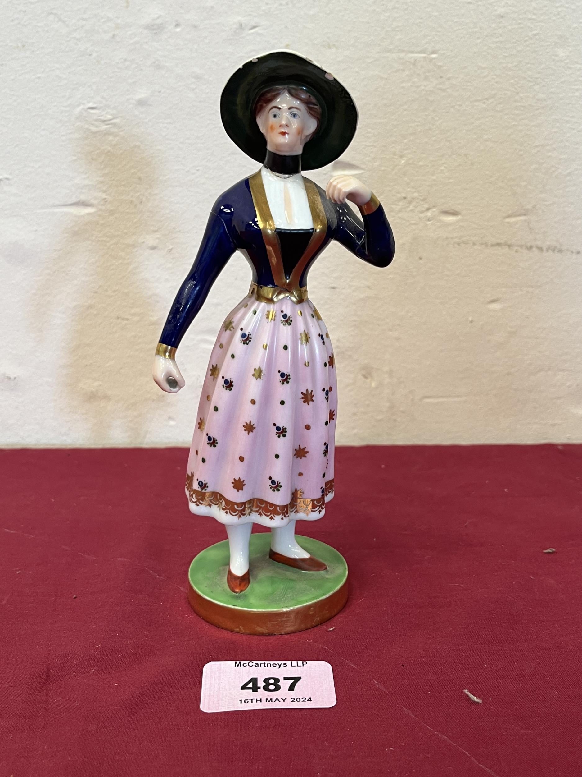 Chamberlains Worcester figure of Madame Vestris. Mark in red script, c.1830. 7" high. Chips to hat