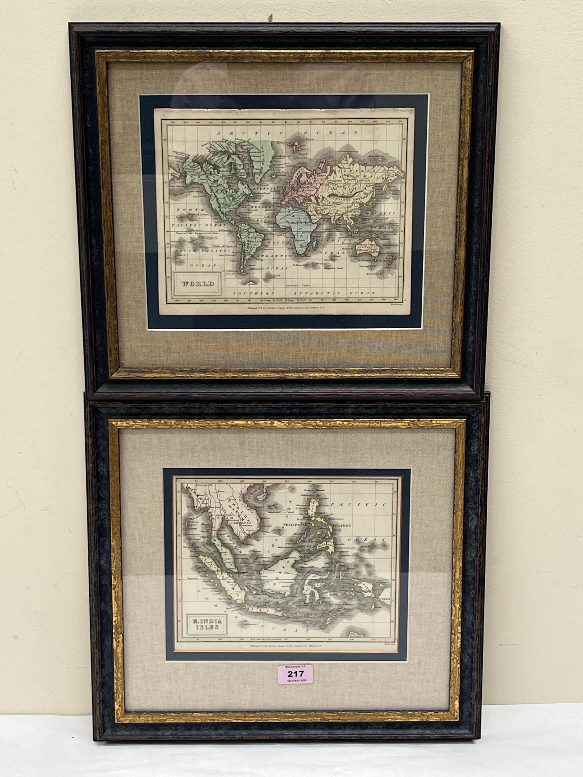 A pair of 19th Century framed maps, East India Isles and World. 7½" x 9½".