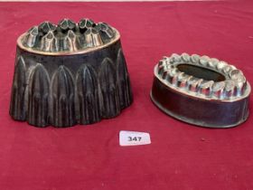 Two Victorian copper and tin jelly moulds, 4¾" high and smaller.