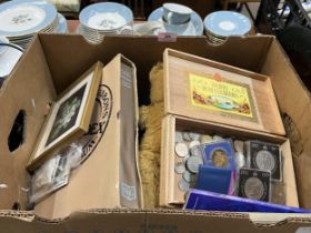 A box of sundries to include an album of stamps, coins, prints etc.