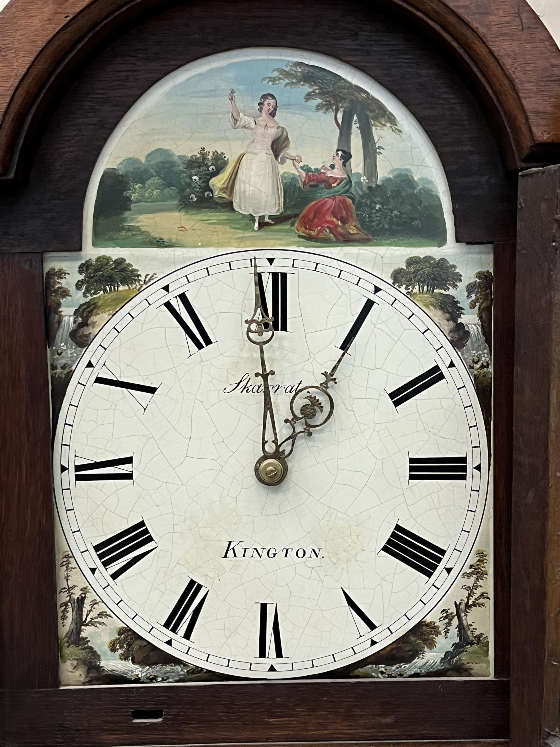 A 19th Century oak longcase clock of 30hr duration, the break-arch dial painted with ladies in a - Image 2 of 2