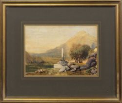 BRITISH SCHOOL (19TH CENTURY), LANDSCAPE WITH FIGURES BY A MONUMENT