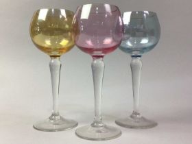 SIX VINTAGE HOCK GLASSES, AND OTHER GLASSWARE