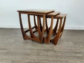 G-PLAN TEAK NEST OF THREE TABLES, AND A SMALL SIDE CABINET