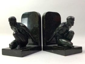 PAIR OF BRONZED METAL AND MARBLE BOOKENDS,