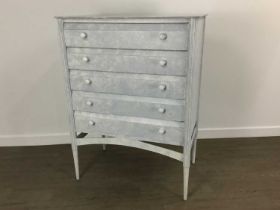 PAINTED WOOD DRESSING TABLE WITH STOOL, AND A MATCHING CHEST OF DRAWERS