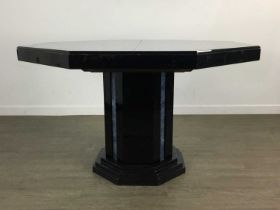 LACQUERED DINING TABLE AND SIX CHAIRS,