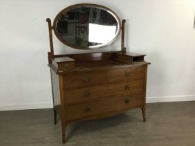 EDWARDIAN MAHOGANY DRESSING CHEST, ALONG WITH A BEDSIDE CUPBOARD AND A CHEVAL MIRROR