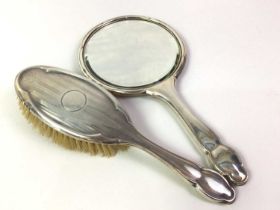 SILVER BACKED HAIR BRUSH AND HAND MIRROR, ALONG WITH FURTHER SILVER AND PLATE