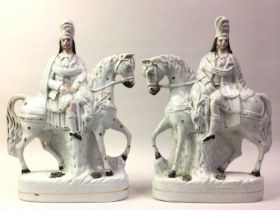 PAIR OF VICTORIAN STAFFORDSHIRE POTTERY FIGURES ON HORSEBACK,