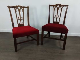 TWO VICTORIAN MAHOGANY GOTHIC REVIVAL CHAIRS, ALONG WITH THREE OTHER CHAIRS