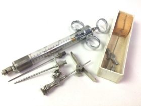 MEDICAL INTEREST: VINTAGE GLASS SYRINGE, WITH ASSOCIATED ACCESSORIES