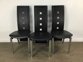 MODERN GLASS TOPPED TABLE AND SIX CHAIRS,