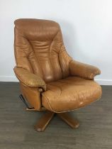 SODERBERGS LIGHT TAN LEATHER SWIVEL RECLINER, AND FOOTSTOOL