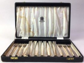 CASED SET OF SILVER PLATED FISH KNIVES AND FORKS, AND OTHER PLATED ITEMS