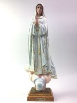RESIN STATUE, ALONG WITH BRASS CANDLESTICKS AND OTHER ITEMS