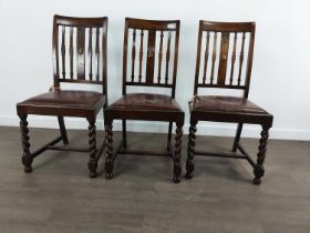 VICTORIAN OAK EXTENDING DINING TABLE AND SIX CHAIRS,