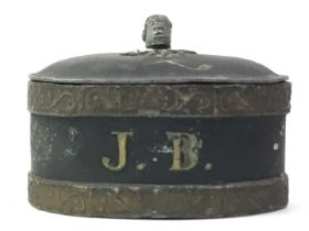 EARLY 19TH CENTURY LEAD TOBACCO JAR, ALONG WITH A BRONZE GESCHUTZT INKWELL STAND AND OTHER ITEMS