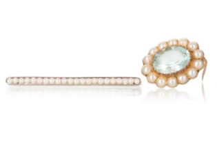 AQUAMARINE AND SPLIT PEARL BROOCH, ALONG WITH ANOTHER