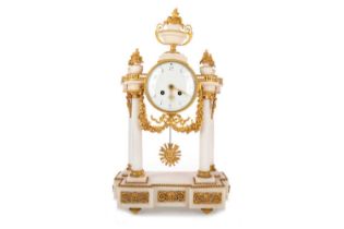 FRENCH WHITE MARBLE AND GILT METAL PILLARED MANTEL CLOCK, LATE 19TH CENTURY