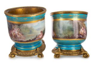 PAIR OF FRENCH ORMULU MOUNTED PORCELAIN CACHEPOTS, IN THE MANNER OF HENRI PICARD FOR SEVRES