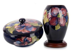 MOORCROFT BALUSTER VASE, AND A BOWL WITH COVER